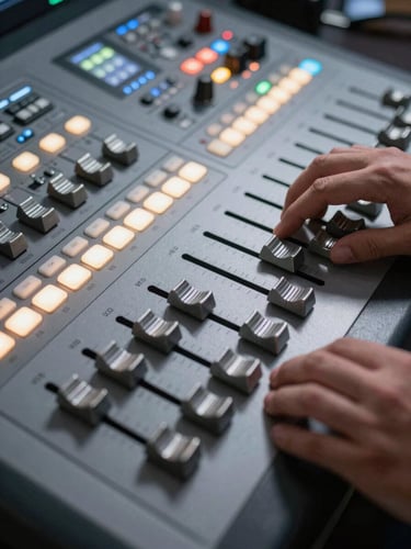 Extreme close-up of a broadcast switcher panel with multiple illuminated buttons and faders actively engaged during a live event, operator hands visible mid-action pressing controls, harsh directional light casting sharp shadows across the hardware surface, technical detail sharp and in focus
