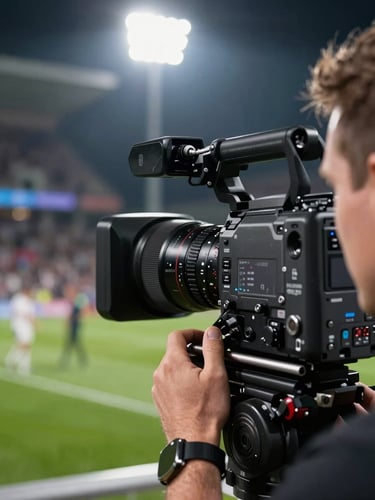 Extreme close-up of a broadcast camera operator's hands on a professional camera rig tracking a live football match, stadium floodlights harsh overhead, motion blur on the pitch visible in background, technical connectors and shoulder-mount hardware sharply in focus