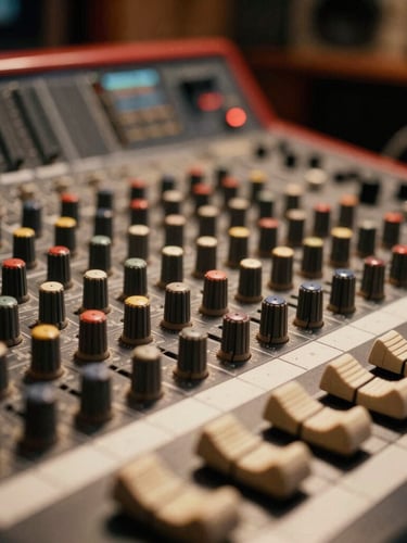 Dramatic warm editorial close-up of a high-end vintage mixing console in a professional recording studio, soft warm light reflecting off metal knobs, shallow depth of field, 35mm film grain