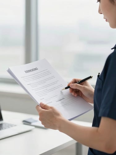 A professional care manager in a navy uniform reviewing compliance documents in a bright, modern, sunlit office setting, shallow depth of field