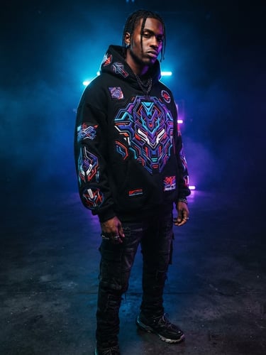 Low-angle studio shot of a model wearing a premium heavyweight custom streetwear hoodie with vibrant high-density print details, neon blue backlight, dark background.