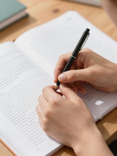 Close-up of hands signing in Libras, warm natural daylight, soft focus on a physical educational textbook on a wooden desk, high contrast clean details
