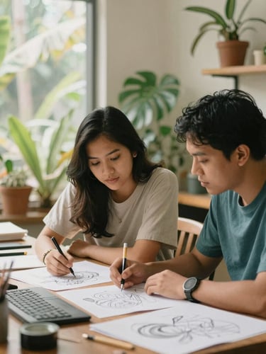 Candid medium shot of two Filipino creative professionals collaborating over sketches in a warm, plant-filled studio space, natural diffused light.