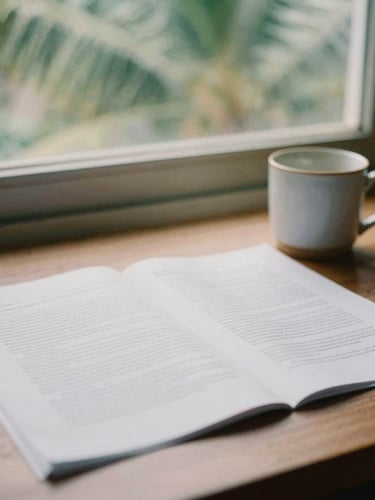 A close-up of a wooden desk in Manila with printed research papers, a ceramic mug, and soft tropical morning light filtering through a window.