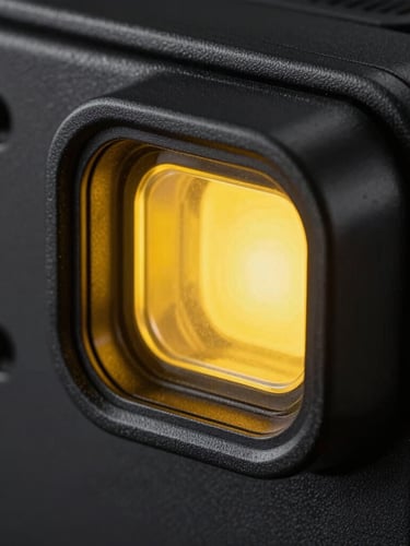 Extreme close-up of the B1 Node physical matte casing, stark industrial lighting, solar-yellow status indicator LED, deep obsidian background.