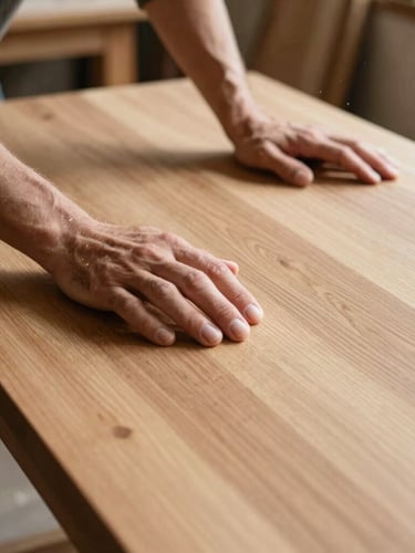 Close-up of a craftsman's hands smoothing a large solid oak table top in a sunlit workshop, sawdust particles visible in the air, warm wood tones.