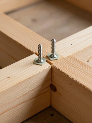 Close-up of structural pine beams being joined with heavy-duty dowels, warm natural light, workshop setting.
