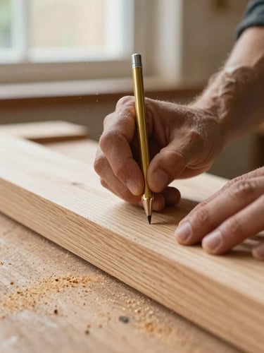 Close-up of carpenter hands marking a thick oak plank with a brass pencil under warm window light, sawdust particles in the air, shallow depth of field, 35mm