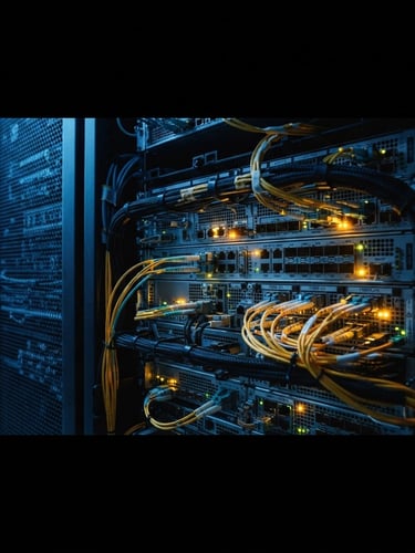 Wide panoramic shot of a dark, cold server room with glowing amber indicator lights, sharp directional light, and visible fiber optic cables, extreme close-up on hardware interfaces, 35mm.