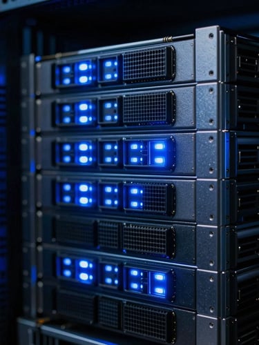 Close-up of advanced server hardware, sharp directional blue light, cold room environment, 35mm