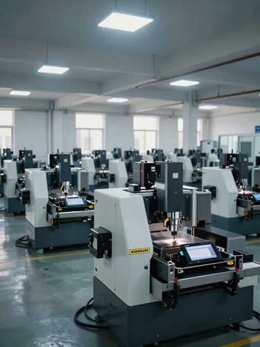 Wide-angle environmental shot of the EDOUN factory floor in Jinzhong, cool bright overhead industrial lighting, rows of high-precision CNC machining centers, metallic reflections, no people.