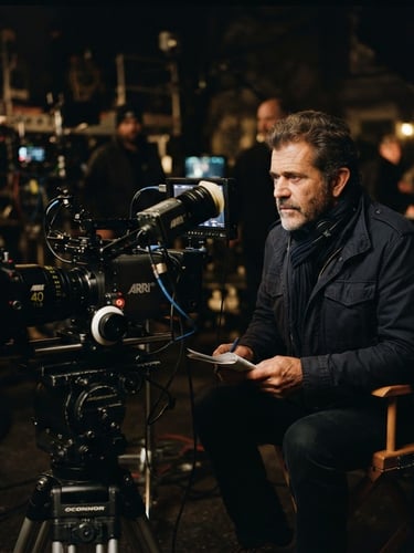 Striking portrait of a film director on set, focused, with high-end cinema camera equipment in the foreground, dramatic low-key lighting, rich gold and charcoal tones, anamorphic lens, 35mm grain, off-center composition, wide shot.