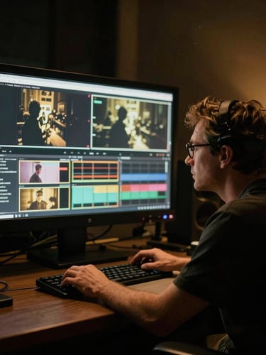 Off-center editorial portrait of a film director reviewing footage on a high-contrast monitor in a darkened editing suite, dramatic low-key lighting, rich gold and charcoal tones, anamorphic lens, 35mm grain