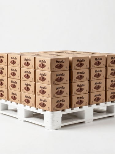 A straight-on, eye-level studio portrait of a pristine white shipping pallet stacked with perfectly arranged, clean brown cartons of Motella chocolate spread, bright clinical studio lighting, sterile white background.