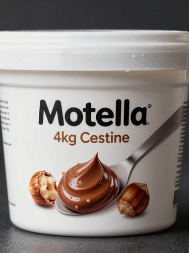 Straight-on eye-level portrait of a sterile white 4kg Motella commercial tub, sharp clinical studio lighting, glossy brown hazelnut spread visible on a clean spatula