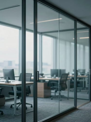 Sober modern corporate office interior with glass partitions, soft natural window light, cold slate tones, professional atmosphere