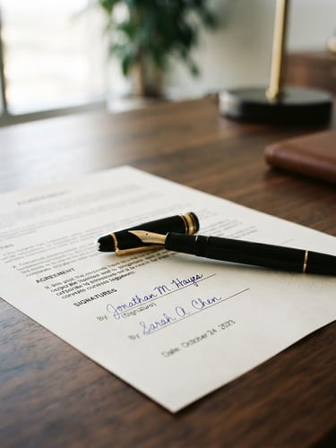 Close-up of a classic fountain pen resting on a signed corporate contract, elegant dark wood table, soft natural window light, shallow depth of field