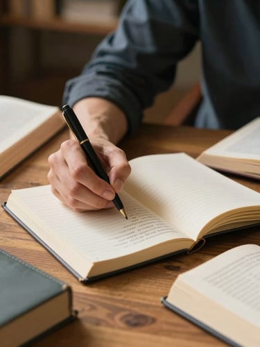 Zijaanzicht van een persoon in natuurlijk daglicht die geconcentreerd schrijft in een linnen notitieboek, omringd door opengeslagen studieboeken op een houten tafel.