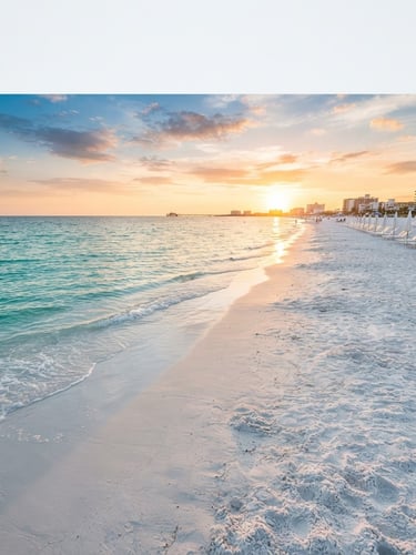 Wide environmental shot of Clearwater Beach at golden hour, turquoise gulf waters gently washing onto pristine white sand, empty beach chairs in the distance, bright natural light.