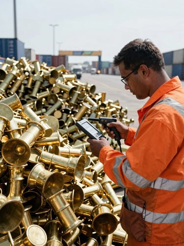 An inspector in high-visibility orange gear using a handheld XRF analyzer on a pile of brass scrap at a busy shipping port, harsh sunlight.