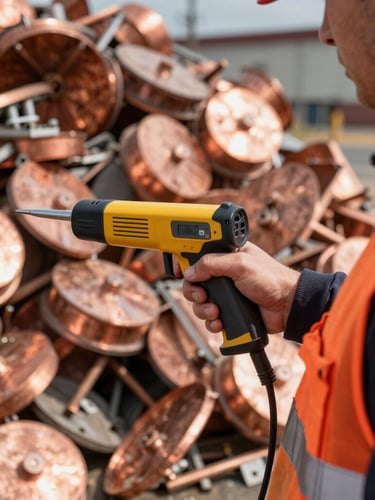 Harsh outdoor daylight close-up of a certified inspector in a high-visibility orange vest using a handheld XRF analyzer gun on a pile of copper scrap