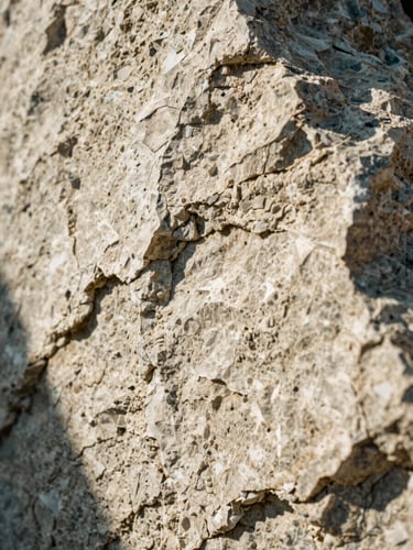 Extreme close-up of textured raw Lioz limestone, sun-dappled warm light, sharp low-angle shadows, 35mm film grain