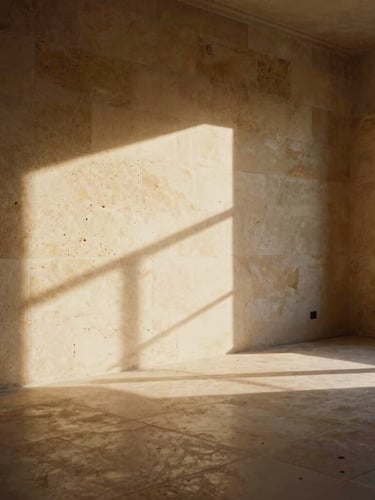 Sun-dappled interior of an empty Portuguese estate, raw Lioz limestone walls, low-angle golden hour shadow, captured on textured 35mm film