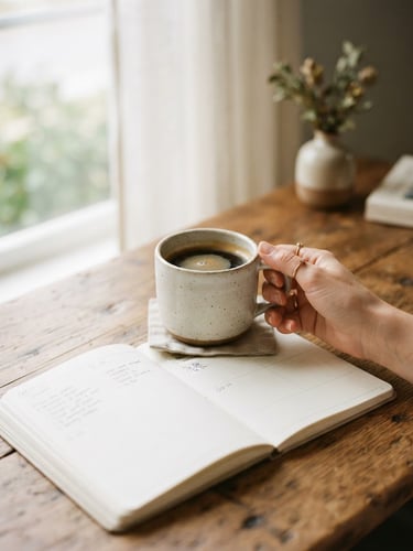 Warm editorial photography, soft morning window light, a hand holding a ceramic cup of coffee next to an open paper planner on a wooden table, shallow depth of field, 35mm film
