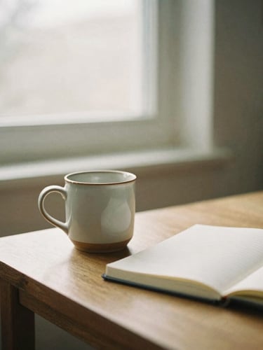 Warm editorial photography of a minimalist workspace, soft morning window light, a ceramic mug on a wooden table next to an open notebook, 35mm film style