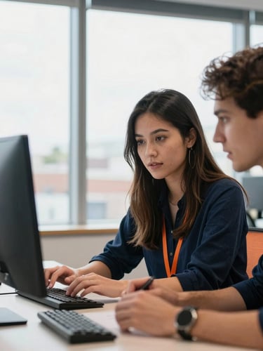 Candid medium shot of a young female developer collaborating with a colleague in a modern Leicester fintech office, bright natural window light, deep navy and orange accents, 35mm.
