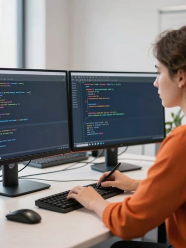 A young professional writing code on a dual-monitor setup in a clean, modern Leicester tech workspace, soft natural light, professional atmosphere, 35mm