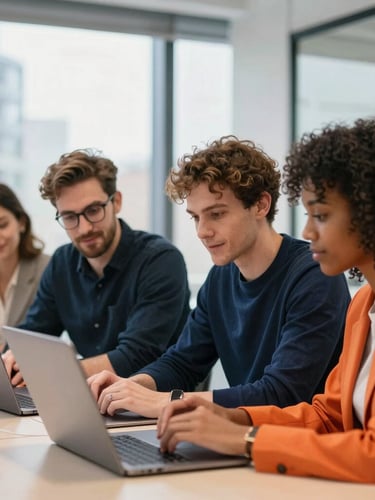 Candid medium shot of a diverse group of young tech professionals collaborating over a laptop in a modern, bright London office, natural window light, deep navy and vibrant orange accents, shallow depth of field, 35mm