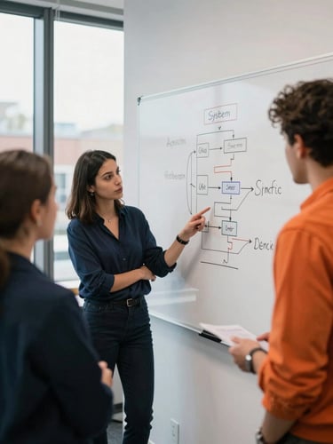 A collaborative whiteboard session in a modern Leicester fintech office, young professionals discussing system architecture, natural window light, 35mm.