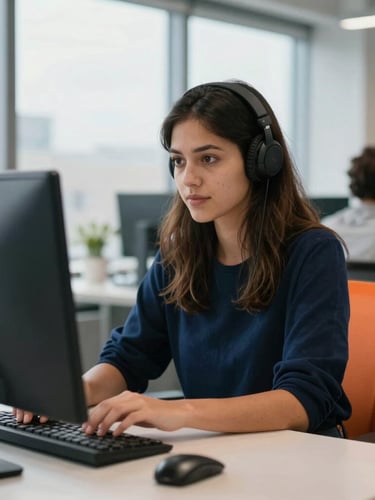 Candid medium shot of a young female developer in a modern Leicester fintech office, natural window light, deep navy and vibrant orange accents, shallow depth of field, 35mm