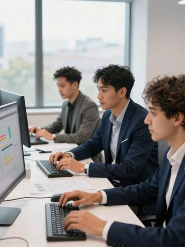 Diverse young professionals analyzing data on screens in a bright, modern UK office space, natural window light, clean professional aesthetic, 35mm.
