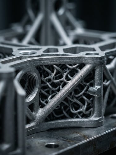 Macro close-up of high-precision metallic 3D printed component under cool high-contrast industrial studio lighting, metallic slate tones, shallow depth of field
