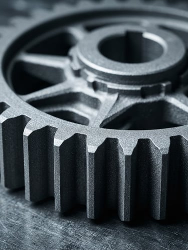 Macro close-up of a high-precision metal industrial gear fabricated with selective laser melting, cool high-contrast studio lighting, metallic and slate tones, 35mm