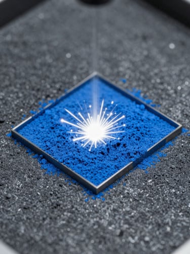 Macro shot of industrial additive manufacturing laser sintering metal powder, high-contrast cool blue and white sparks, high-precision layer adhesion visible, 35mm crisp details