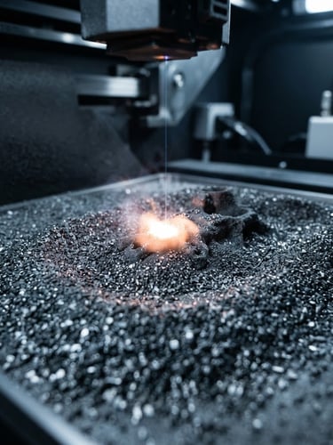 Macro photograph of a heavy industrial additive manufacturing laser sintering metal powder, cool high-contrast studio lighting, metallic and slate tones, 35mm