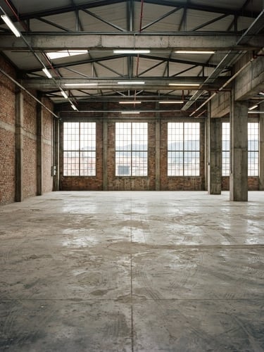 Raw concrete floor of a shared warehouse in Bogota, natural light from windows showing unpolished concrete and brick walls, empty space ready for storage, wide angle