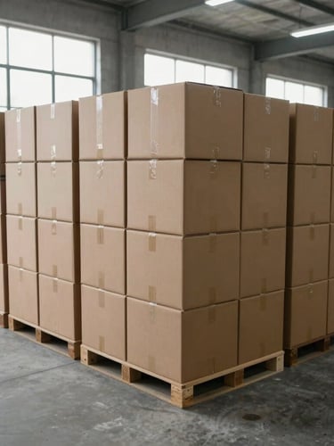 Primer plano de cajas de cartón con insumos comerciales livianos apiladas de forma ordenada sobre el suelo de concreto gris