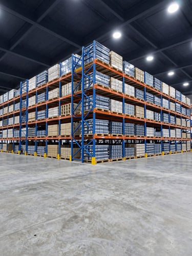 Wide-angle architectural shot of a massive modern distribution warehouse with clean concrete floors, high-capacity blue pallet racking, cool daylight lighting.