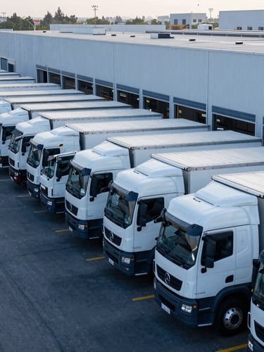 Logistics fleet of white trucks lined up at loading bays of a large modern distribution center, cool morning daylight, professional industrial photography.