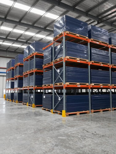 Industrial corporate photography of a modern high-capacity warehouse interior, clean concrete floors, towering organized pallet racking, cool daylight, sharp focus.