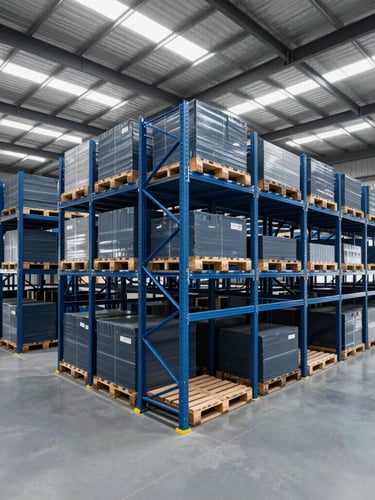 Industrial corporate photography of a modern high-capacity logistics warehouse, clean slate blue steel racks, organized pallets, cool daylight flooding from high windows, wide-angle perspective