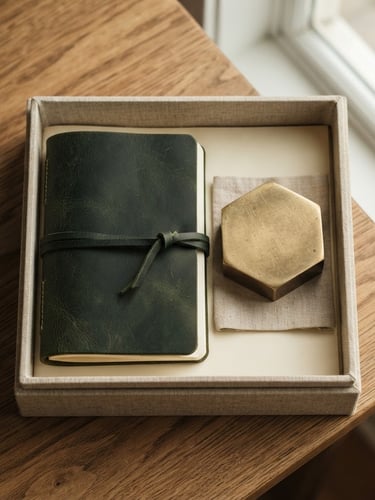 Overhead flat-lay of a premium linen-wrapped gift box open, revealing a solid brass paperweight, a dark green leather notebook, and soft side window lighting.