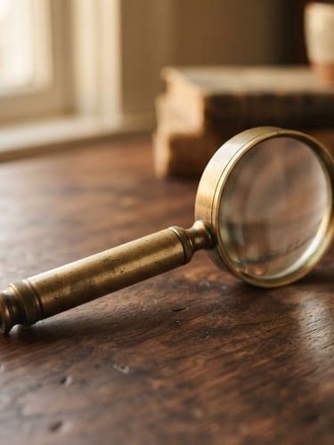 Macro shot of a solid brass desk accessory resting on a dark walnut table, soft side window light, warm shallow depth of field.