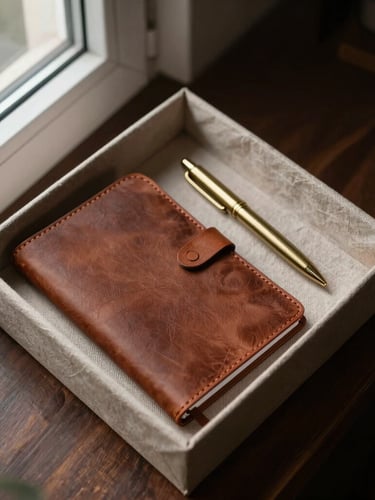 Overhead flat-lay of an open linen-wrapped gift box containing a leather notebook and a brass pen, soft directional window light, rich muted earth tones.
