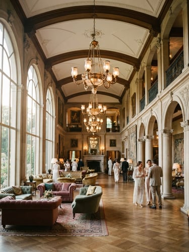 Elegant architectural wide shot of a grand vintage estate hall, soft daylight filtering through tall arched windows, showcasing custom brass chandeliers and velvet finishes, warm editorial photography, 35mm