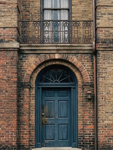 An editorial architectural crop of a historic brick facade in South Carolina, soft natural overcast daylight, deep navy shadows, medium format film.